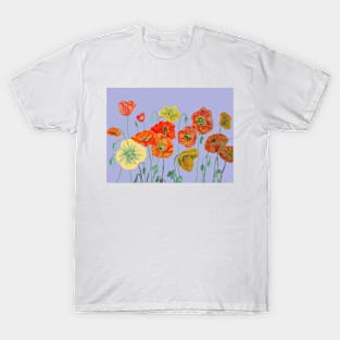 Red Orange Yellow Poppies on Lavender T-Shirt